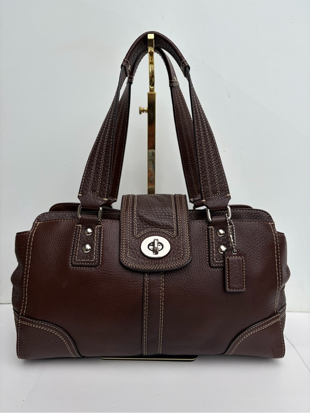 Coach Hamptons Brown Pebbled Leather Flap Turnlock Satchel Bag F13961 Vintage